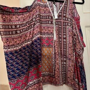 Coco + Carmen Blue and Red Asymmetrical Sleeveless Blouse